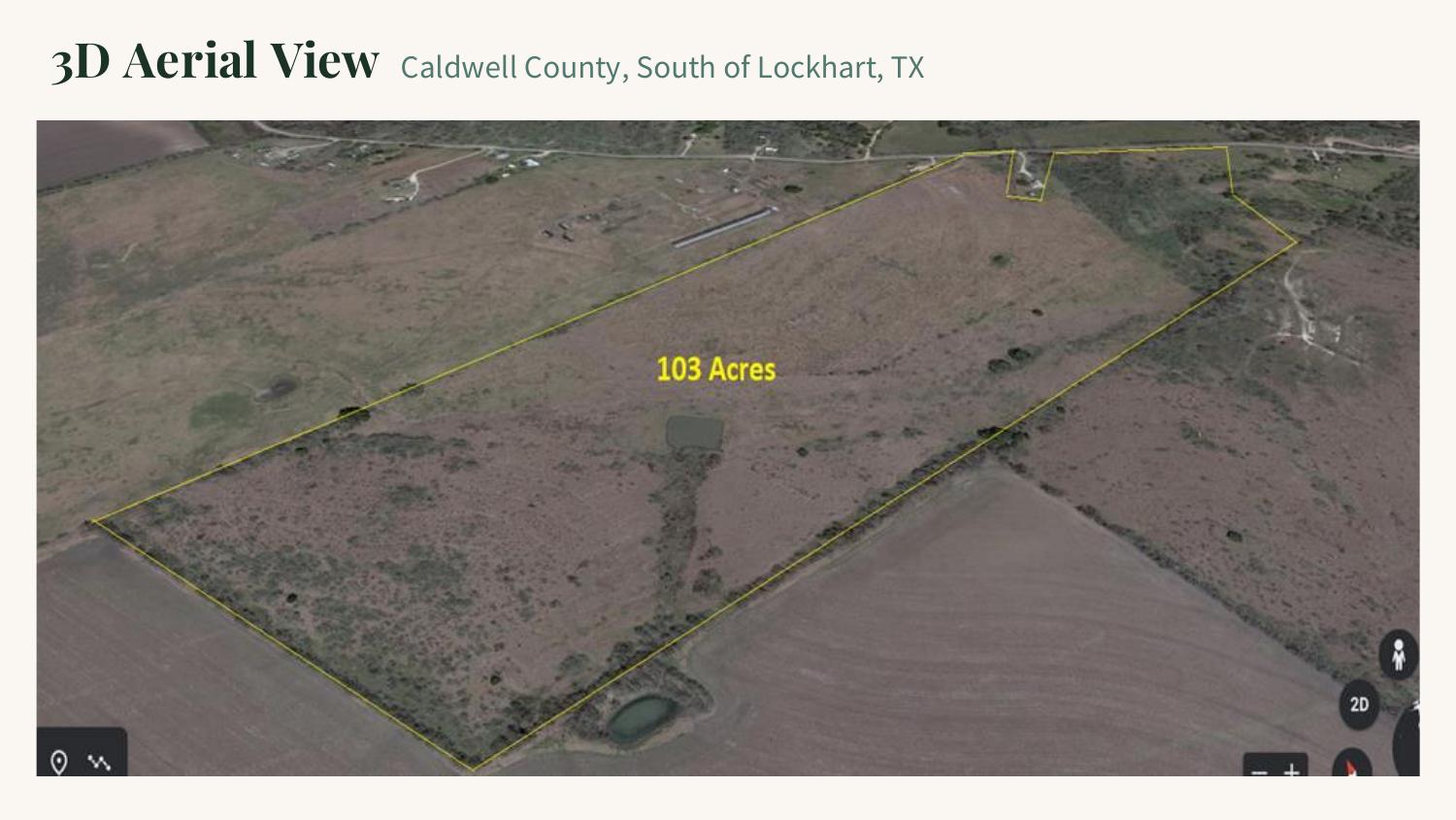 3D aerial view of the 103-acre Seawillow property in Caldwell County, TX