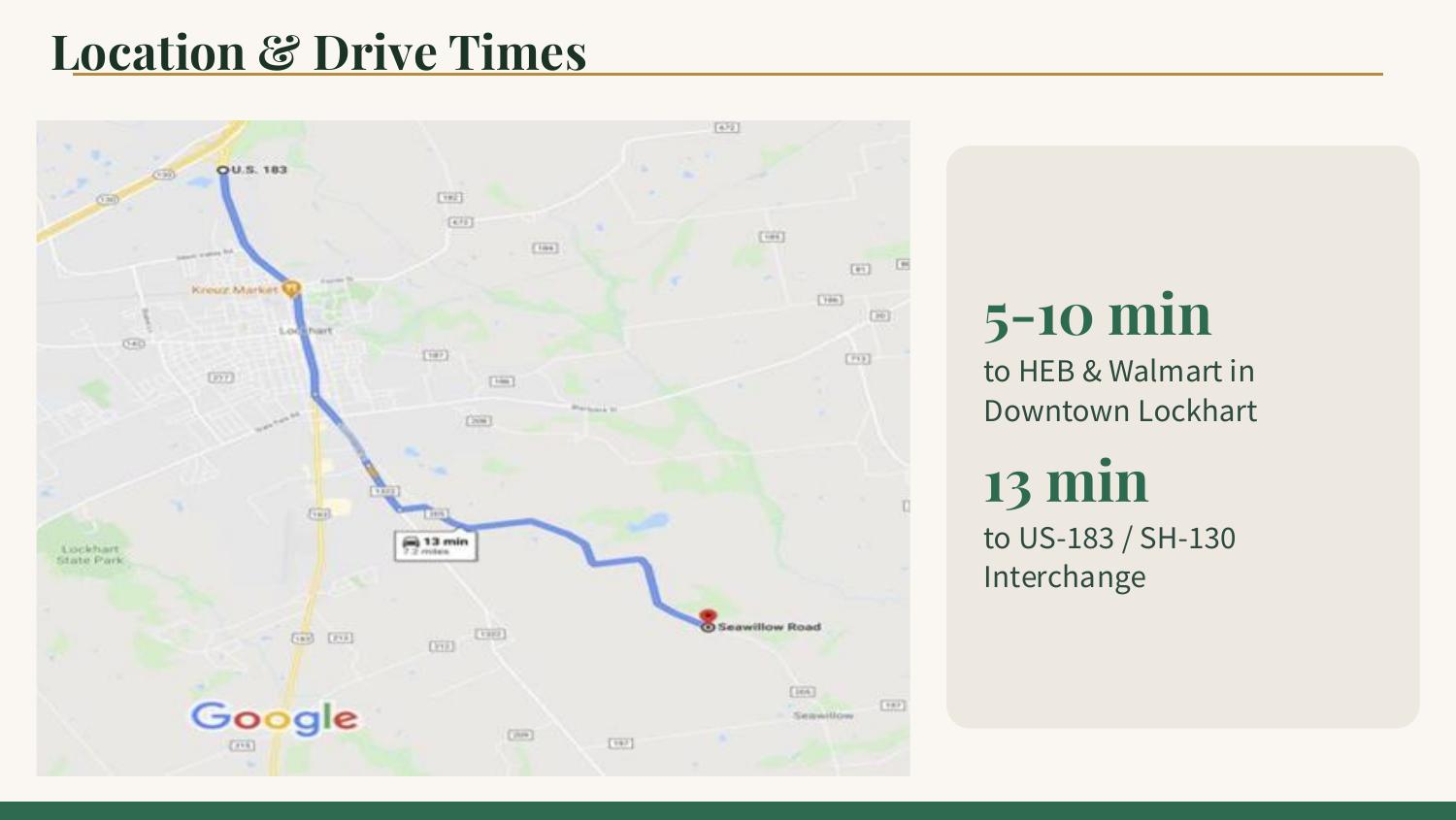 Drive-time map from Seawillow Road to downtown Lockhart and US-183